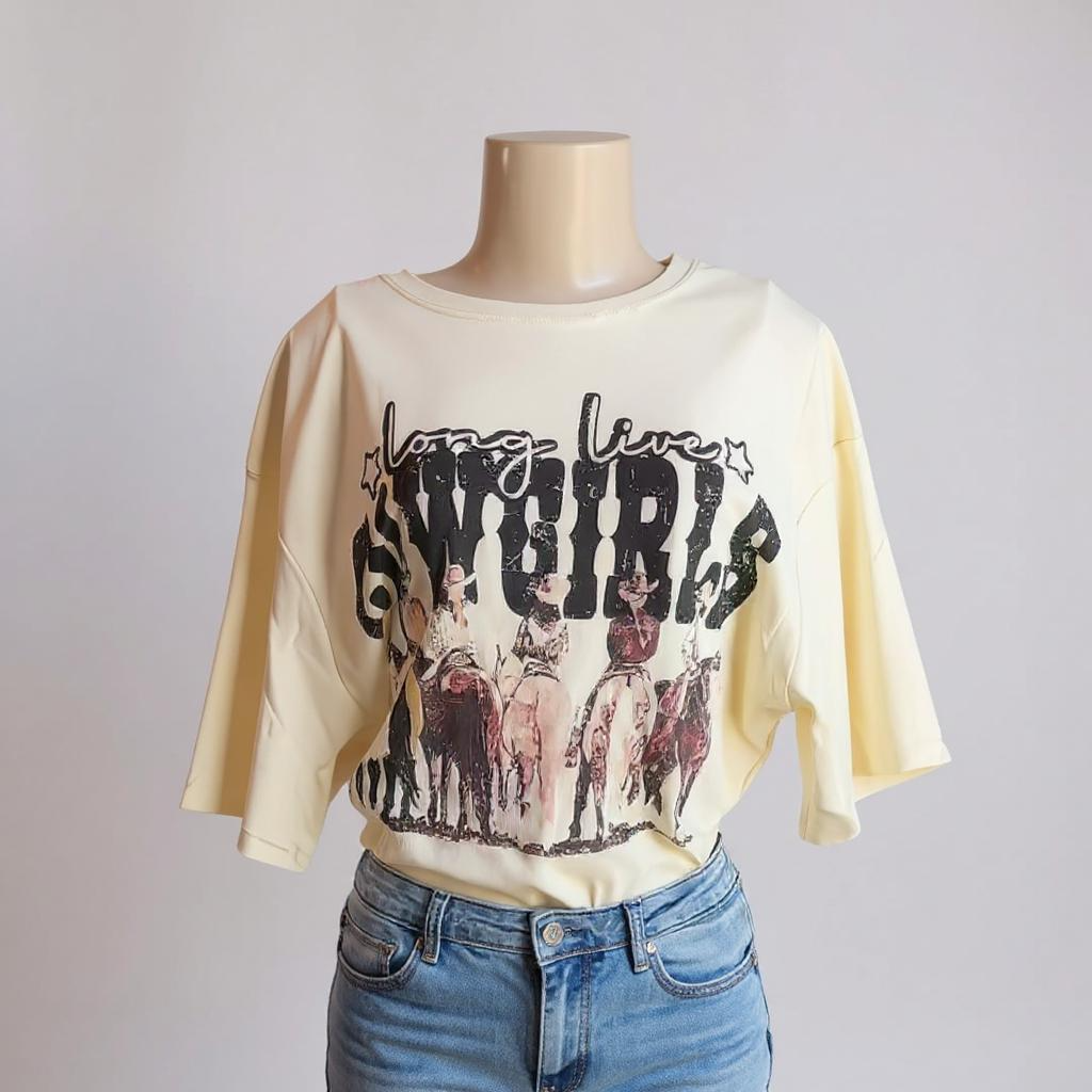 Cowgirl Western Pattern Print Boho Outfits, Women Casual Oversized Loose Fit Round Neck Short Sleeve Tee,Summer Outfits
