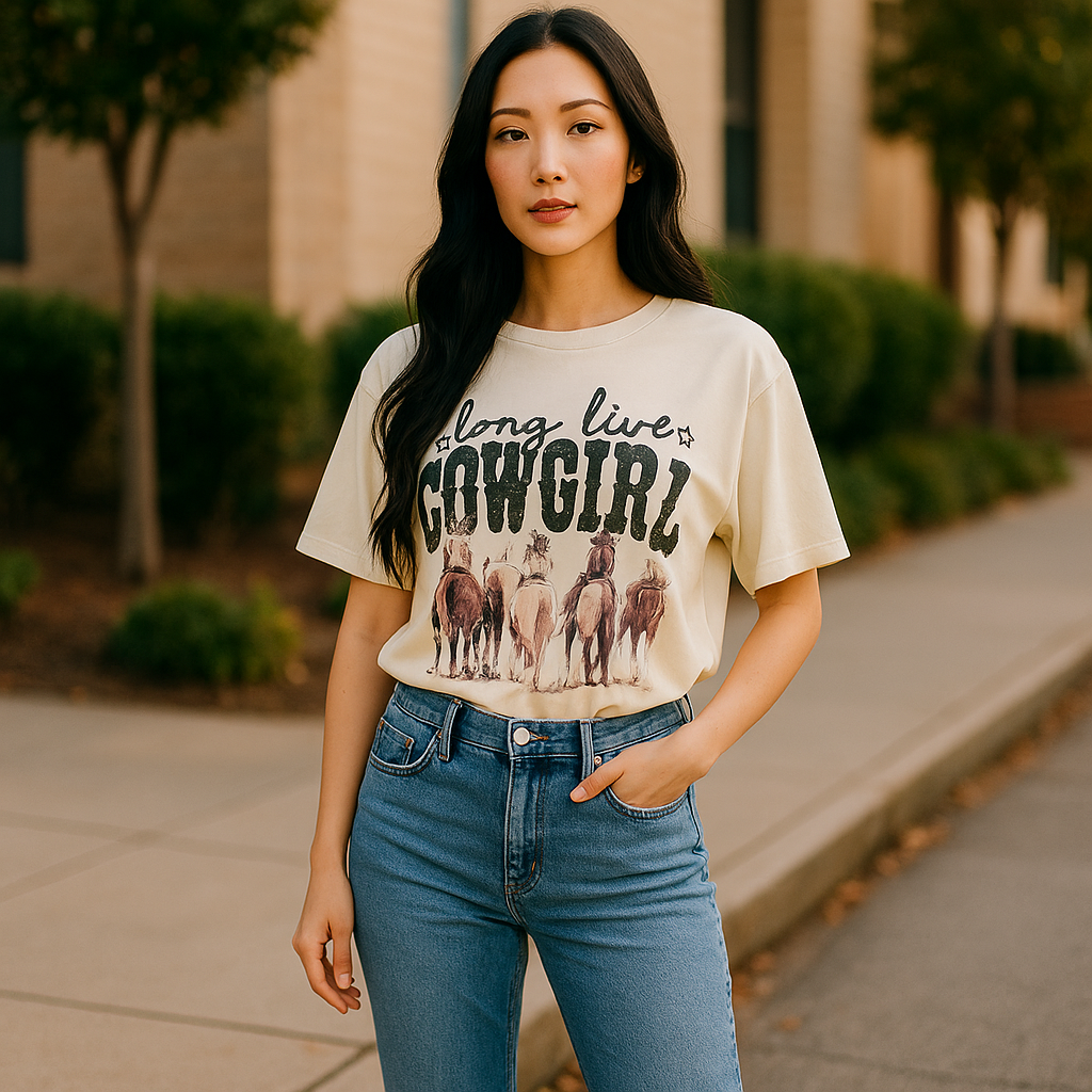 Cowgirl Western Pattern Print Boho Outfits, Women Casual Oversized Loose Fit Round Neck Short Sleeve Tee,Summer Outfits