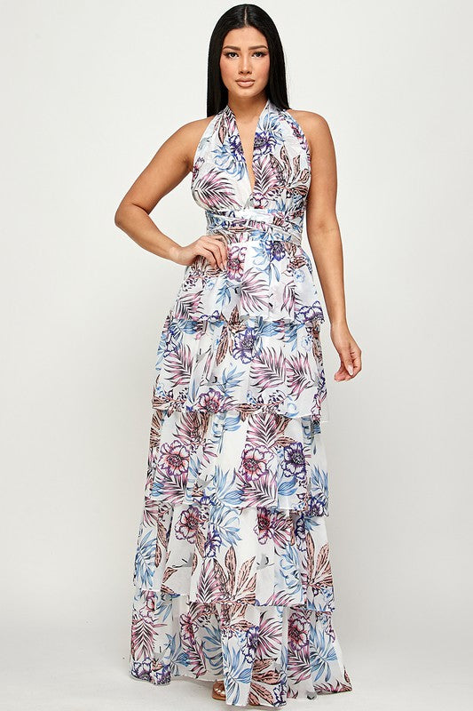 Halter Neck Chiffon Tiered Maxi Drees - Revolucion Boutique and More