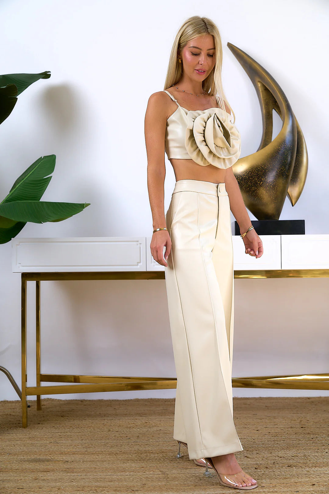 PU LEATHER CROP TOP AND PANTS SET