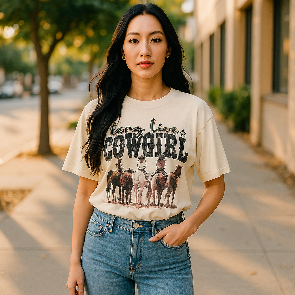 Cowgirl Western Pattern Print Boho Outfits, Women Casual Oversized Loose Fit Round Neck Short Sleeve Tee,Summer Outfits