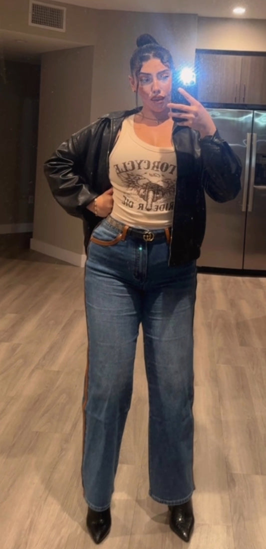 Denim Leather Details Pants