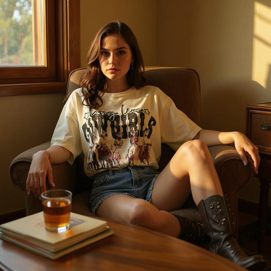 Cowgirl Western Pattern Print Boho Outfits, Women Casual Oversized Loose Fit Round Neck Short Sleeve Tee,Summer Outfits